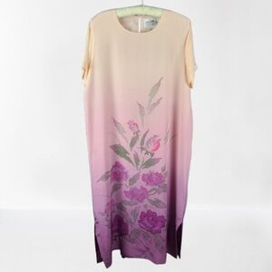Vtg Carol Little Women's Large 100% Silk Shift Floral Art Pink Purple *FLAW